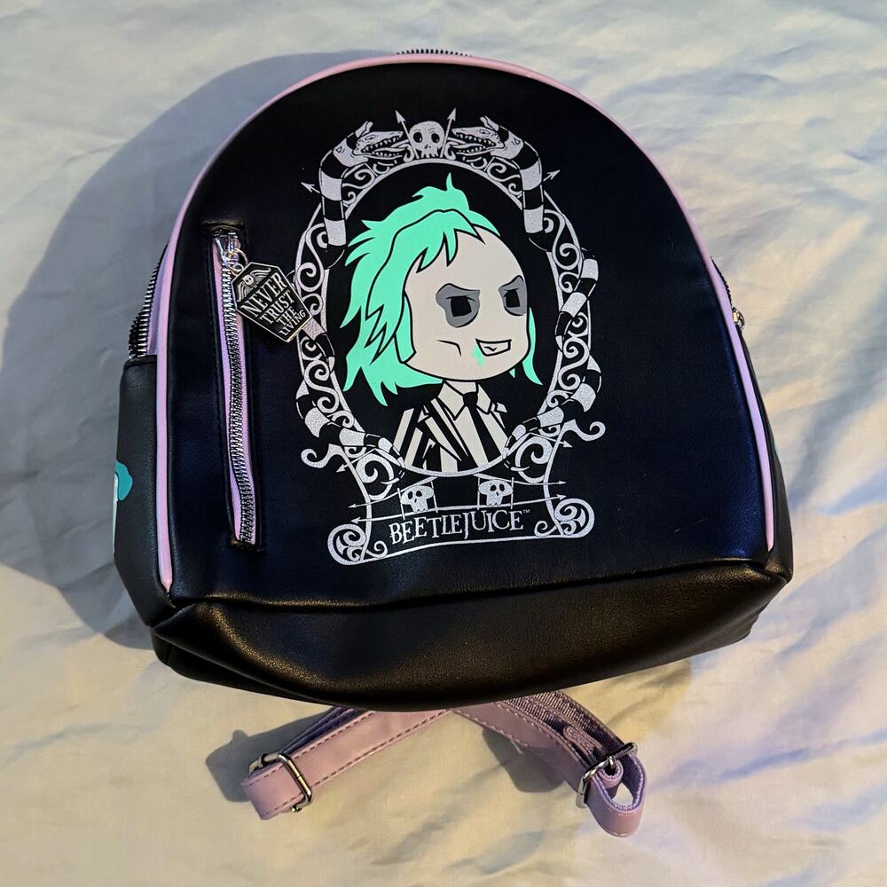 Beetlejuice Mini Backpack Faux Leather Black Pink Horror Goth Bag Green Purple